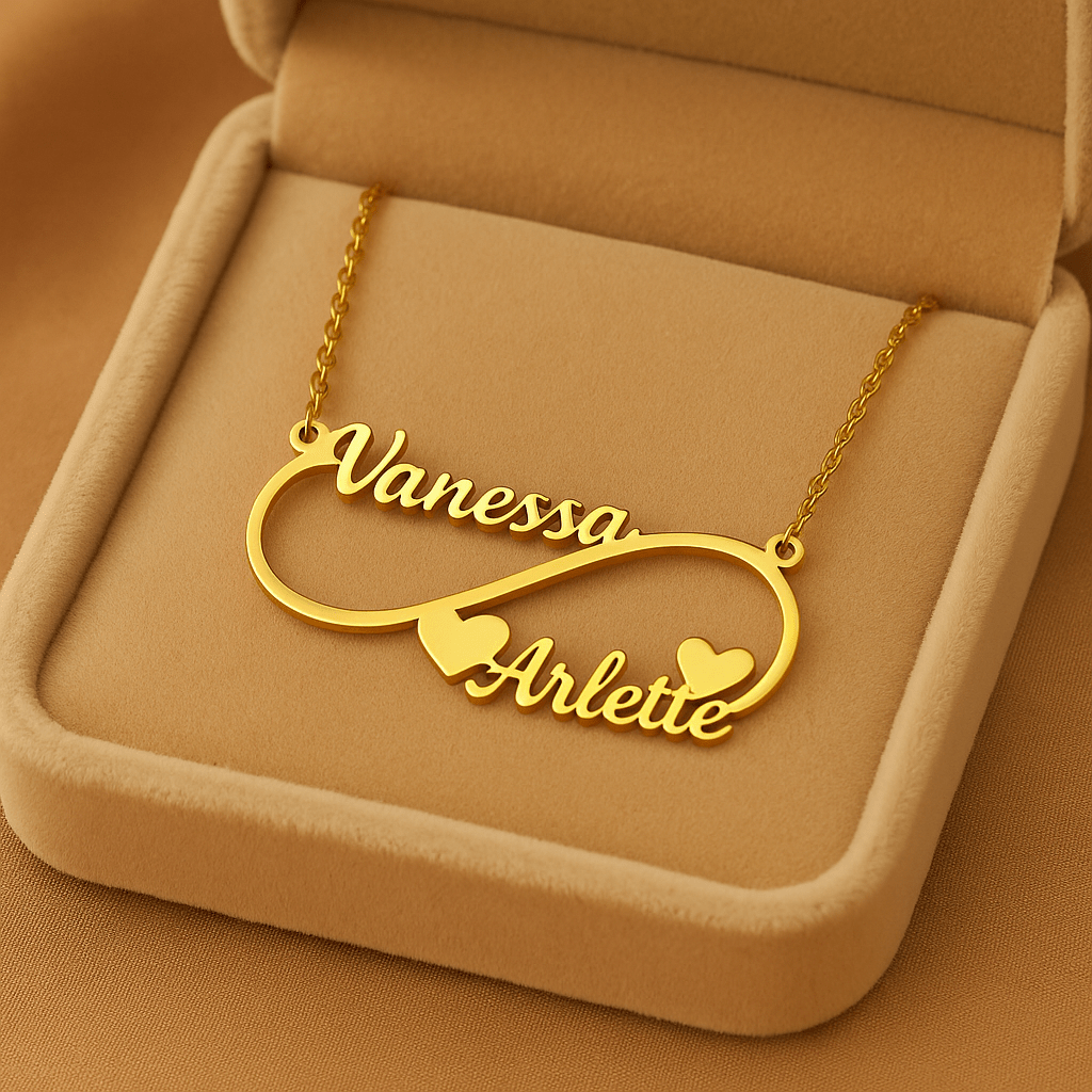 Collier Infini Personnalisé Deux Prénoms – Acier Inoxydable Léopard Sable MAX for ME