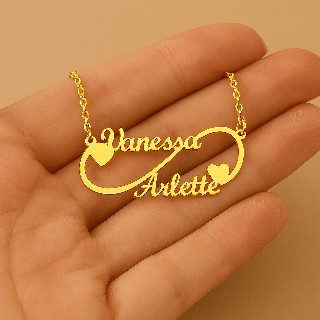 Collier Infini Personnalisé Deux Prénoms – Acier Inoxydable Léopard Sable MAX for ME