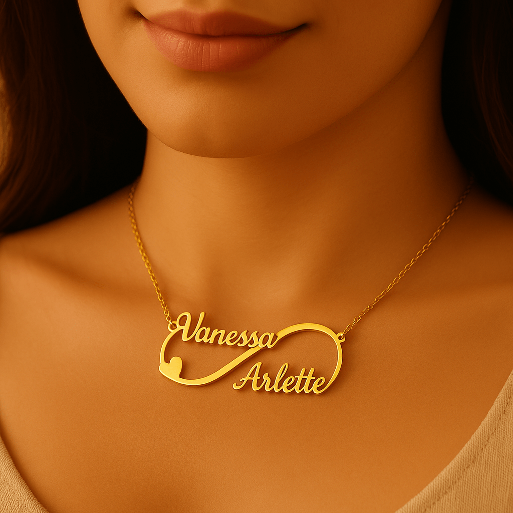 Collier Infini Personnalisé Deux Prénoms – Acier Inoxydable Léopard Sable MAX for ME