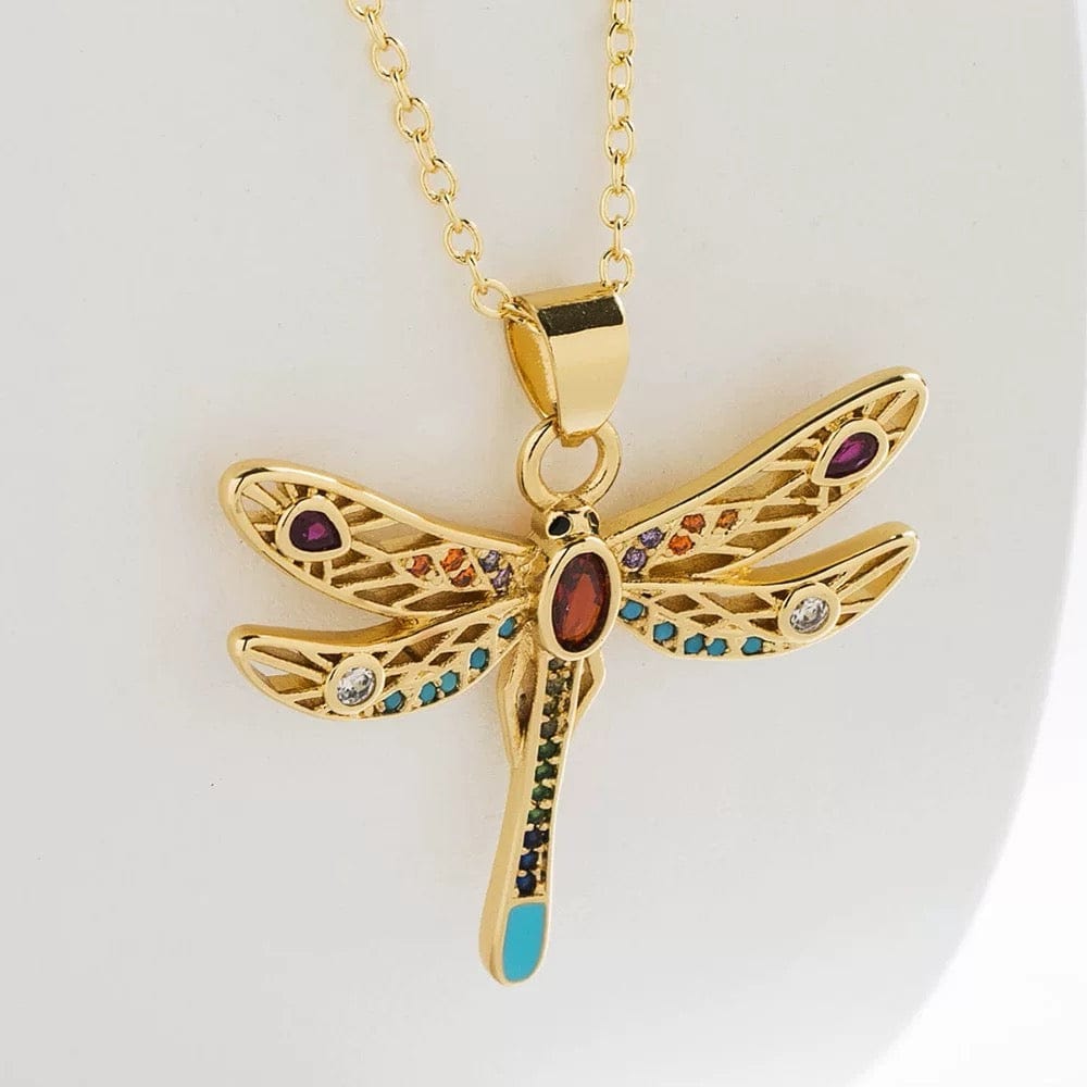 Collier libellule doré 18K – pendentif raffiné et cristaux multicolores Doré MAX for ME