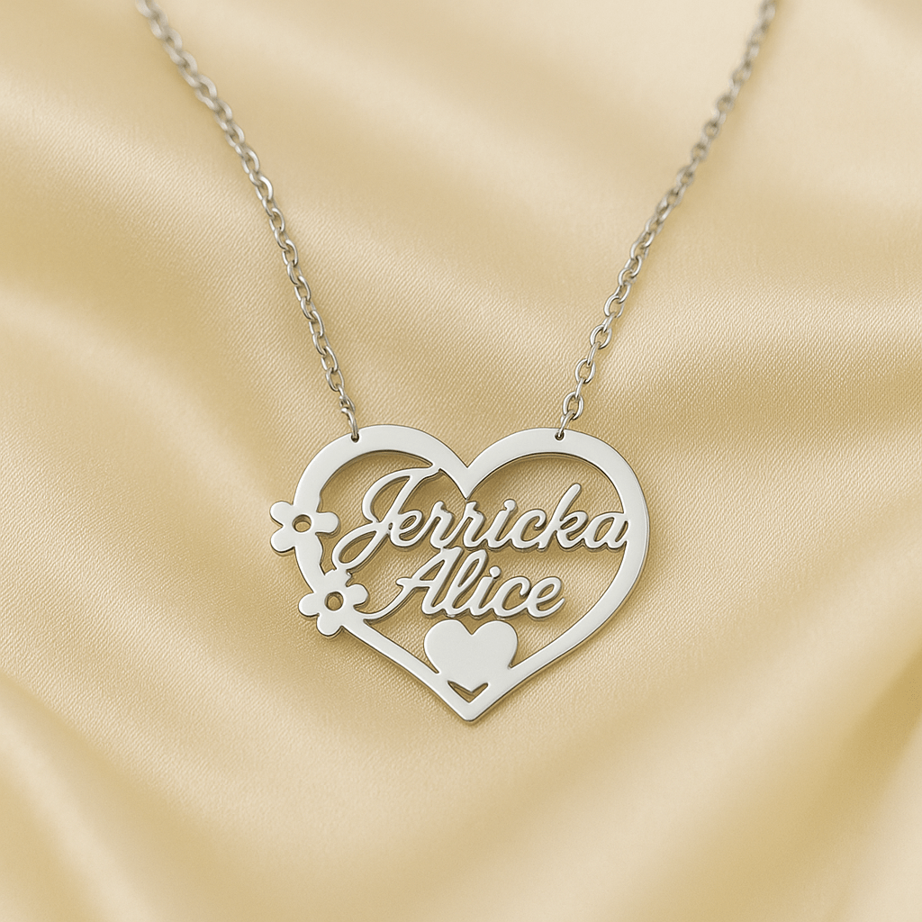 Collier personnalisé cœur fleuri – Doré ou Argenté - Deux prénoms gravés avec élégance Argent MAX for ME