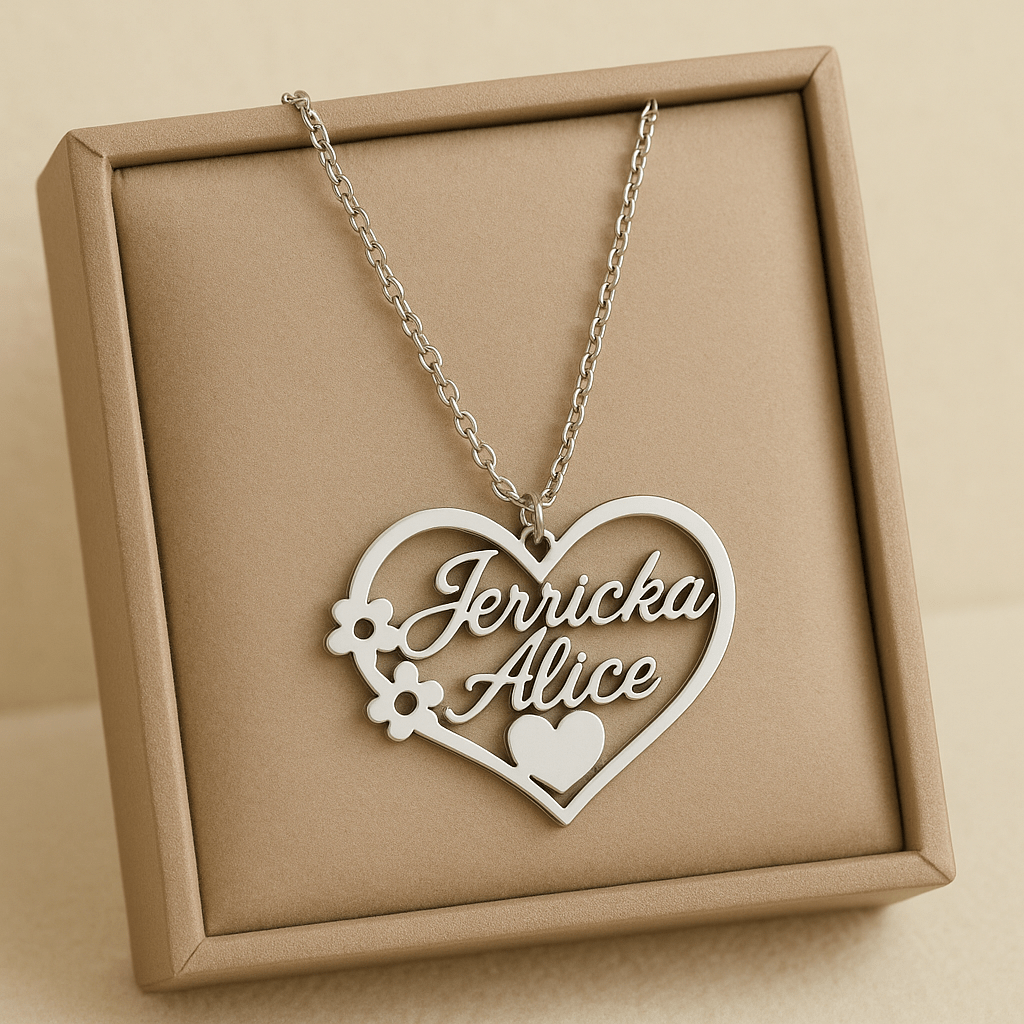 Collier personnalisé cœur fleuri – Doré ou Argenté - Deux prénoms gravés avec élégance Or MAX for ME