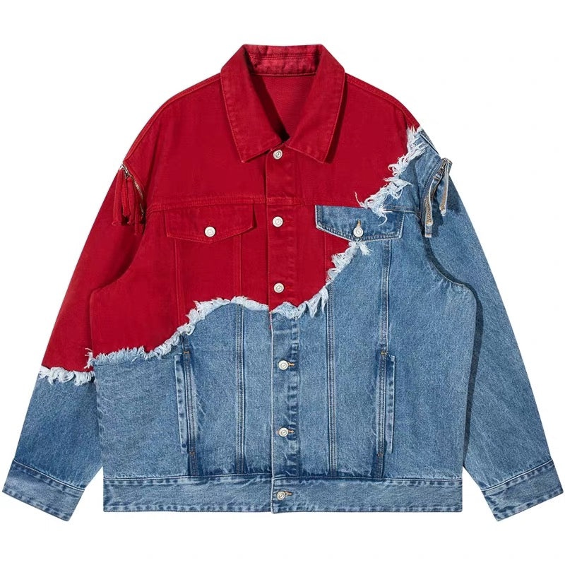 Veste jean bicolore rouge denim effet superposé unisexe MAX FOR ME