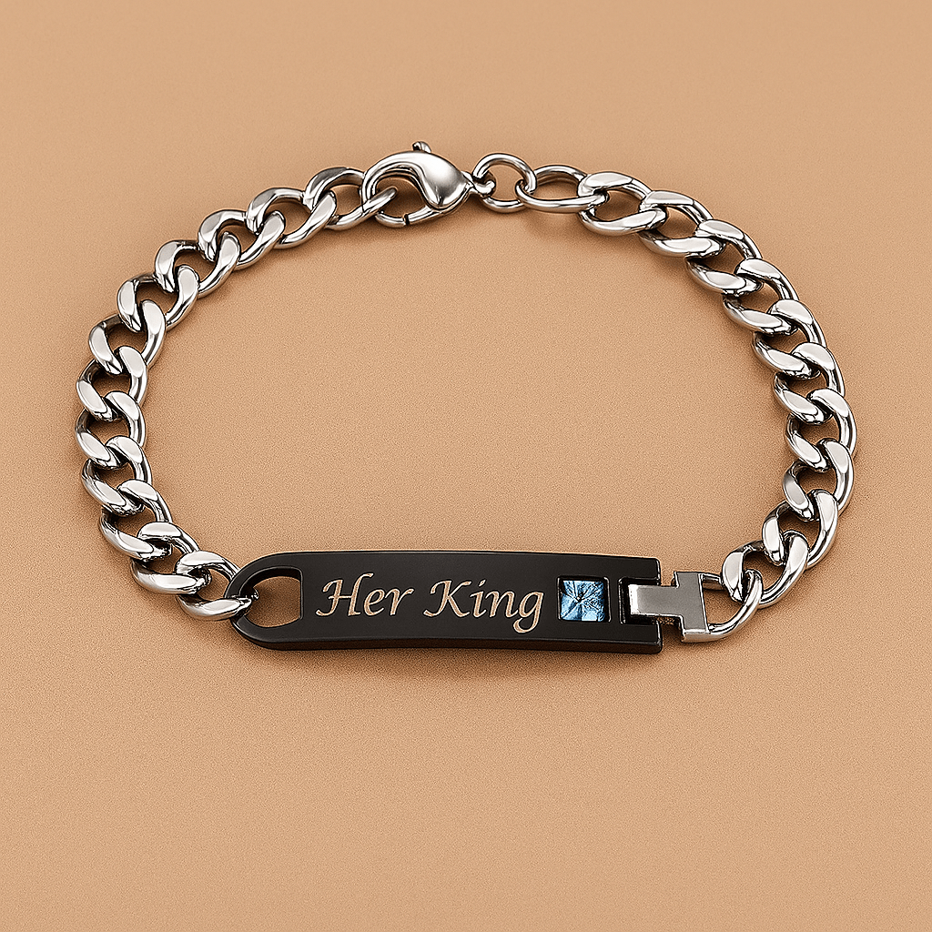 Duo Bracelets assortis pour couple – Gravés “His Queen & Her King” en acier inoxydable Argent / Acier inoxydable MAX for ME