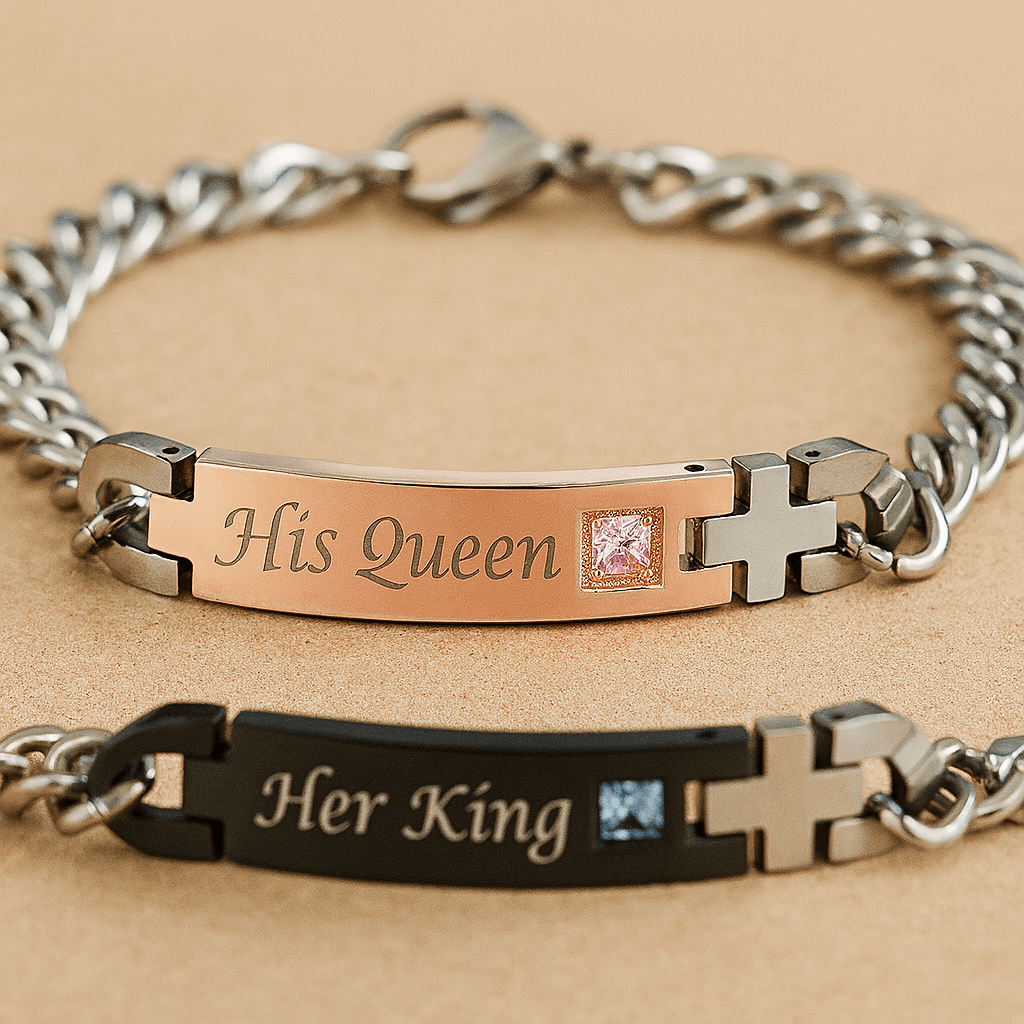 Duo Bracelets assortis pour couple – Gravés “His Queen & Her King” en acier inoxydable MAX for ME