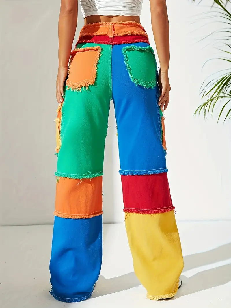 Pantalon Patchwork en Jean Coloré  - Style Rétro et Tendance