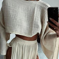 MAX for ME Ensemble 2 pièces décontracté en coton et lin pour femme, haut court à col rond, taille haute, jupe fendue, tenue d'été,