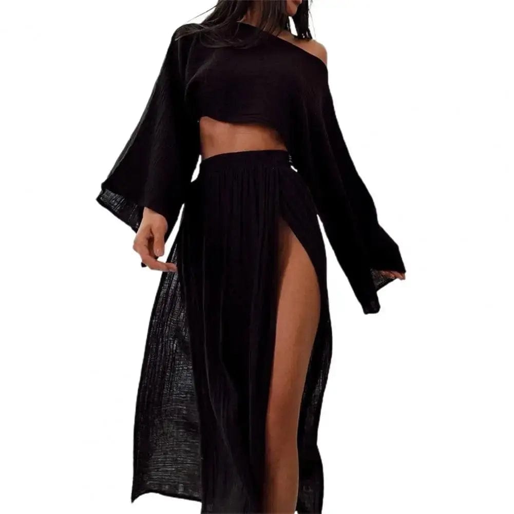 MAX for ME 36 / Noir Ensemble 2 pièces décontracté en coton et lin pour femme, haut court à col rond, taille haute, jupe fendue, tenue d'été,