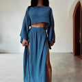 MAX for ME 36 / Bleu Ensemble 2 pièces décontracté en coton et lin pour femme, haut court à col rond, taille haute, jupe fendue, tenue d'été,