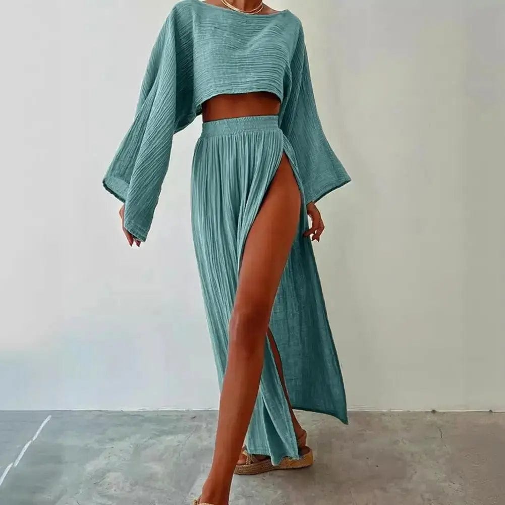 MAX for ME 36 / Vert Clair Ensemble 2 pièces décontracté en coton et lin pour femme, haut court à col rond, taille haute, jupe fendue, tenue d'été,