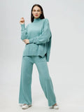 Ensemble 2 pièces en maille laine chaude – pull et pantalon– MAX FOR ME Cyan clair / S MAX for ME