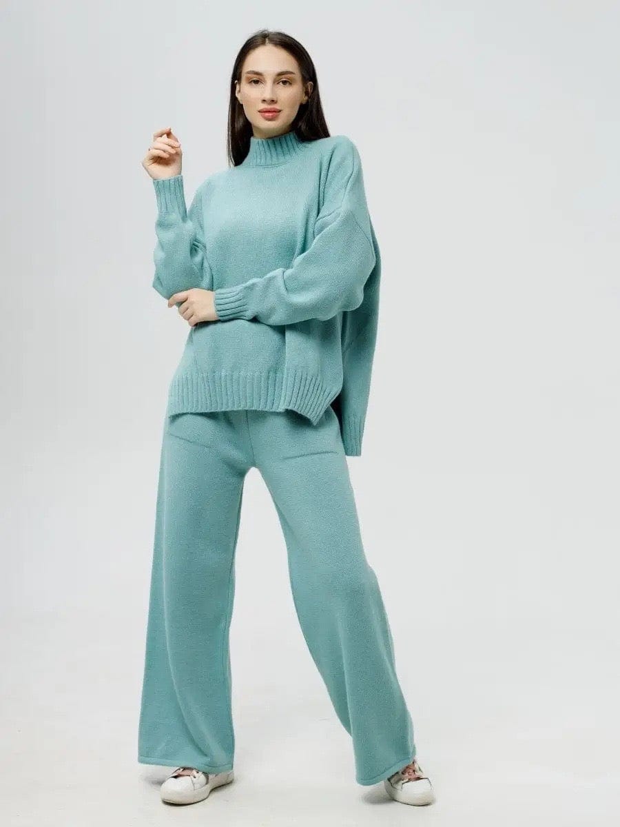 Ensemble 2 pièces en maille laine chaude – pull et pantalon– MAX FOR ME Cyan clair / S MAX for ME