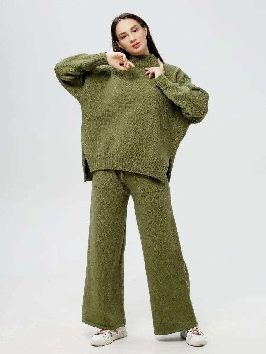 Ensemble 2 pièces en maille laine chaude – pull et pantalon– MAX FOR ME Vert Kaki / S MAX for ME