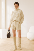 Ensemble 2 pièces pull torsadé col roulé et short court en maille - MAX FOR ME Beige / Taille Unique (S-M-L-XL) MAX for ME