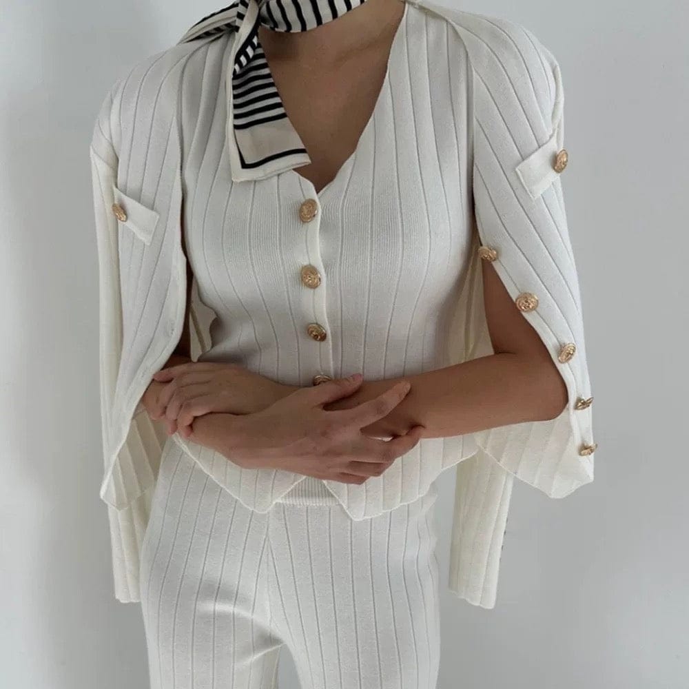 Ensemble 3 pièces en maille - cardigan gilet et pantalon large style moderne - MAX FOR ME Blanc Cassé / S MAX for ME