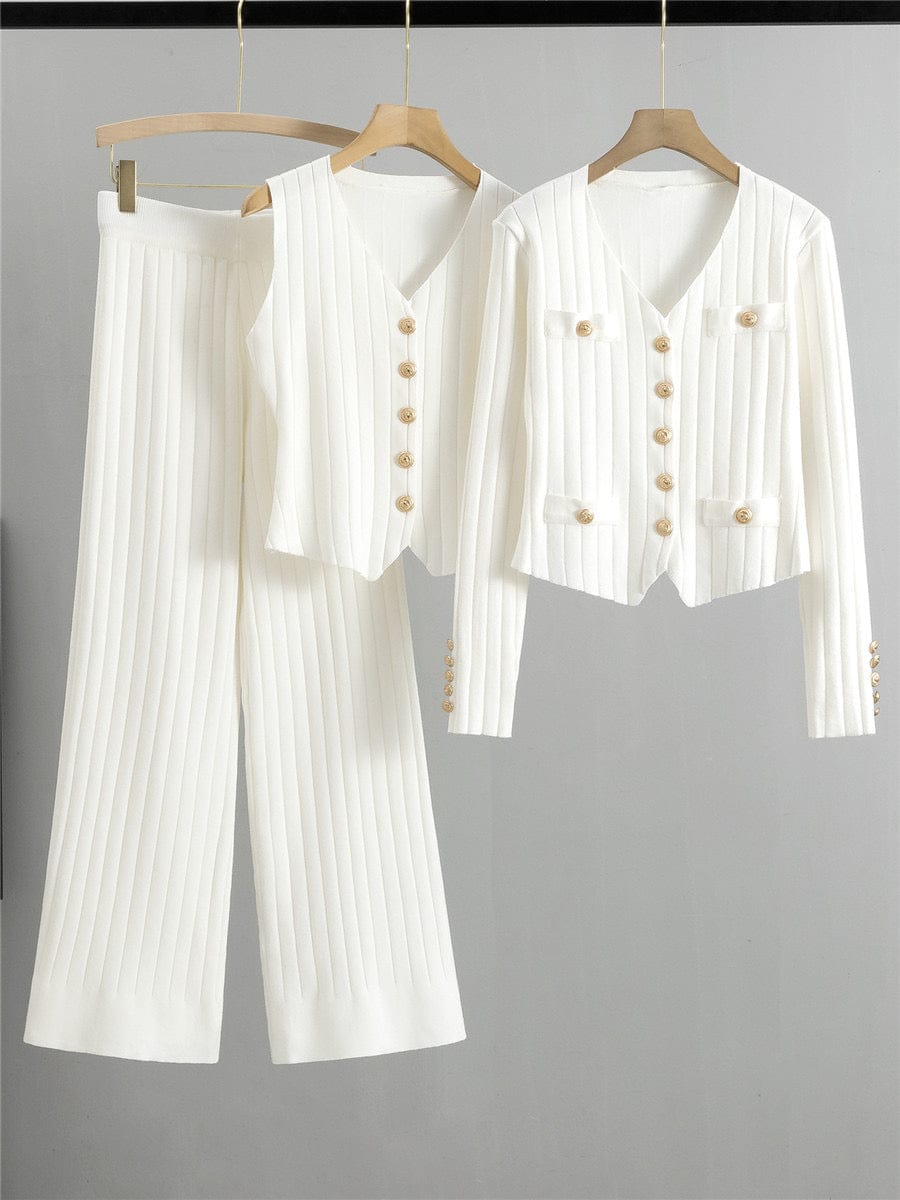 Ensemble 3 pièces en maille - cardigan gilet et pantalon large style moderne - MAX FOR ME Beige / S MAX for ME