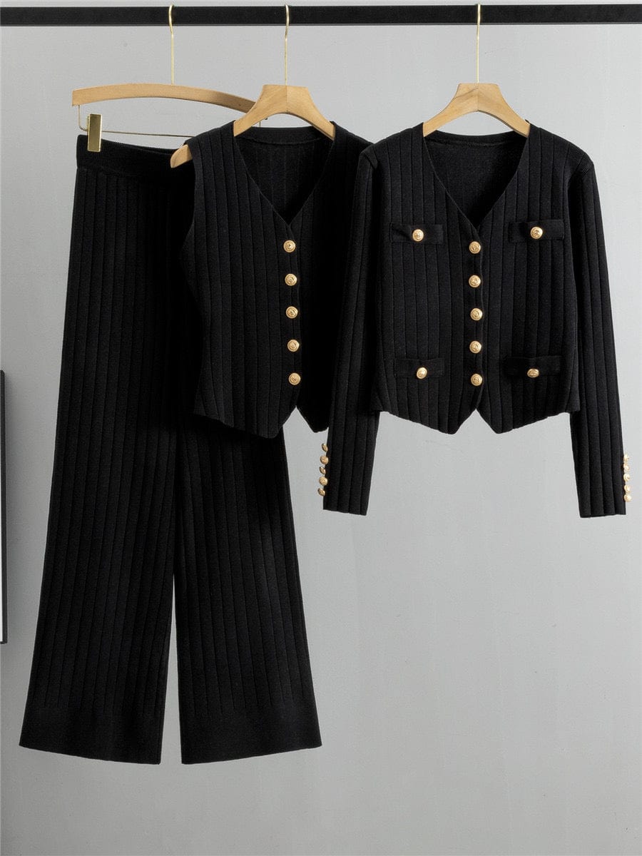 Ensemble 3 pièces en maille - cardigan gilet et pantalon large style moderne - MAX FOR ME Noir / S MAX for ME