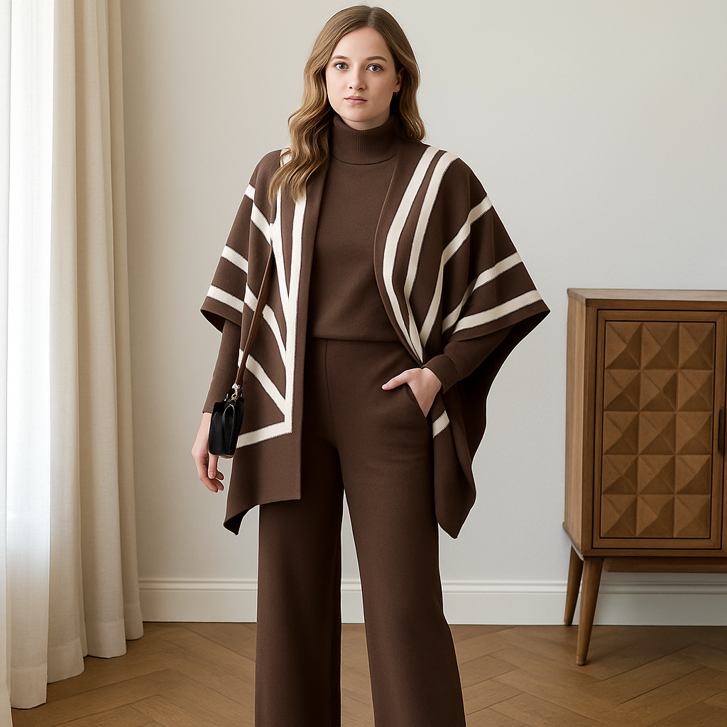 Ensemble 3 pièces femme marron poncho pull pantalon sophistiqué MAX FOR ME