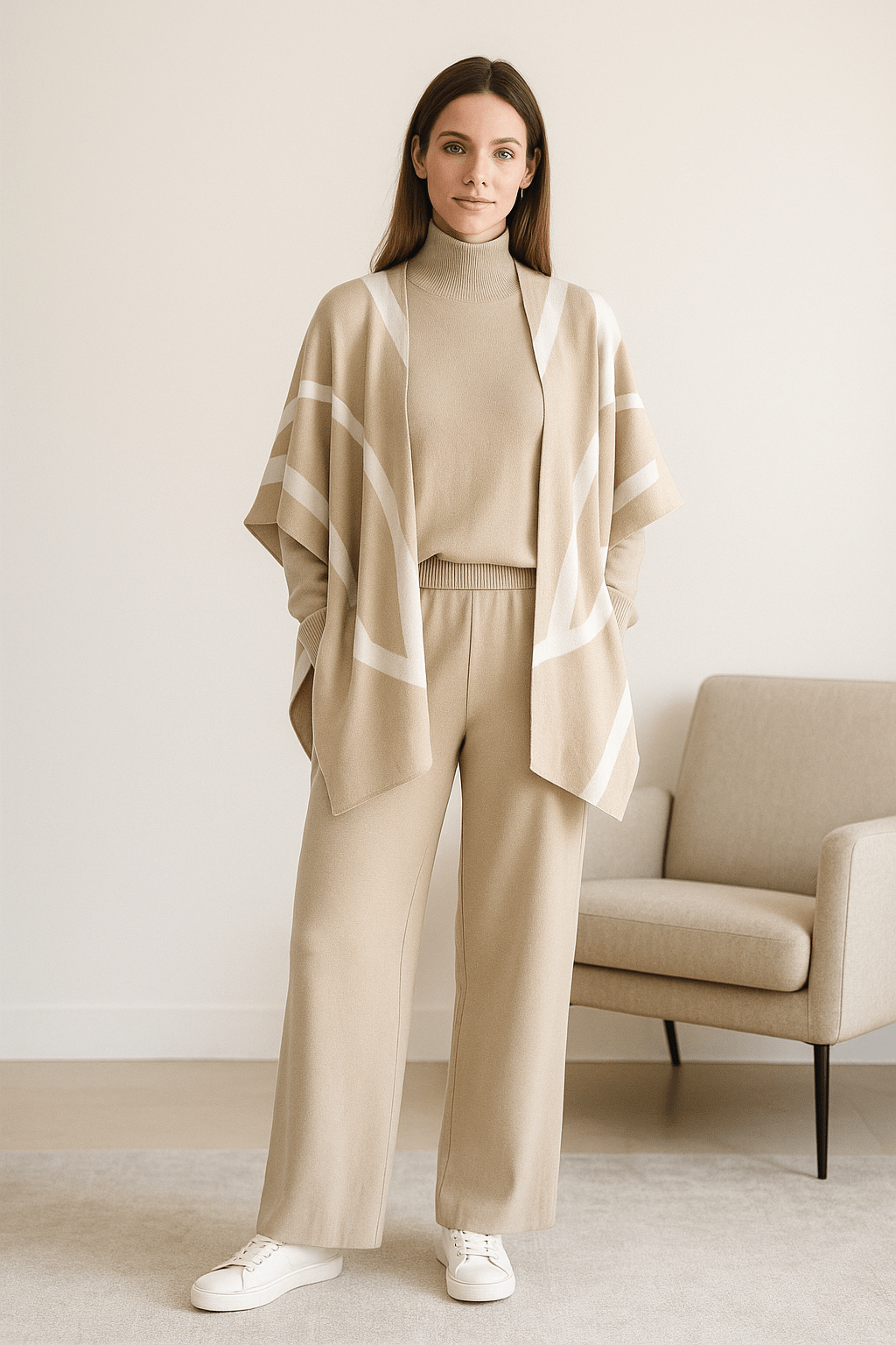 Ensemble 3 pièces femme poncho rayé pull col roulé pantalon large - sophistication complète - MAX FOR ME Beige / S MAX for ME