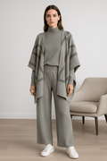 Ensemble 3 pièces femme poncho rayé pull col roulé pantalon large - sophistication complète - MAX FOR ME Gris clair / S MAX for ME