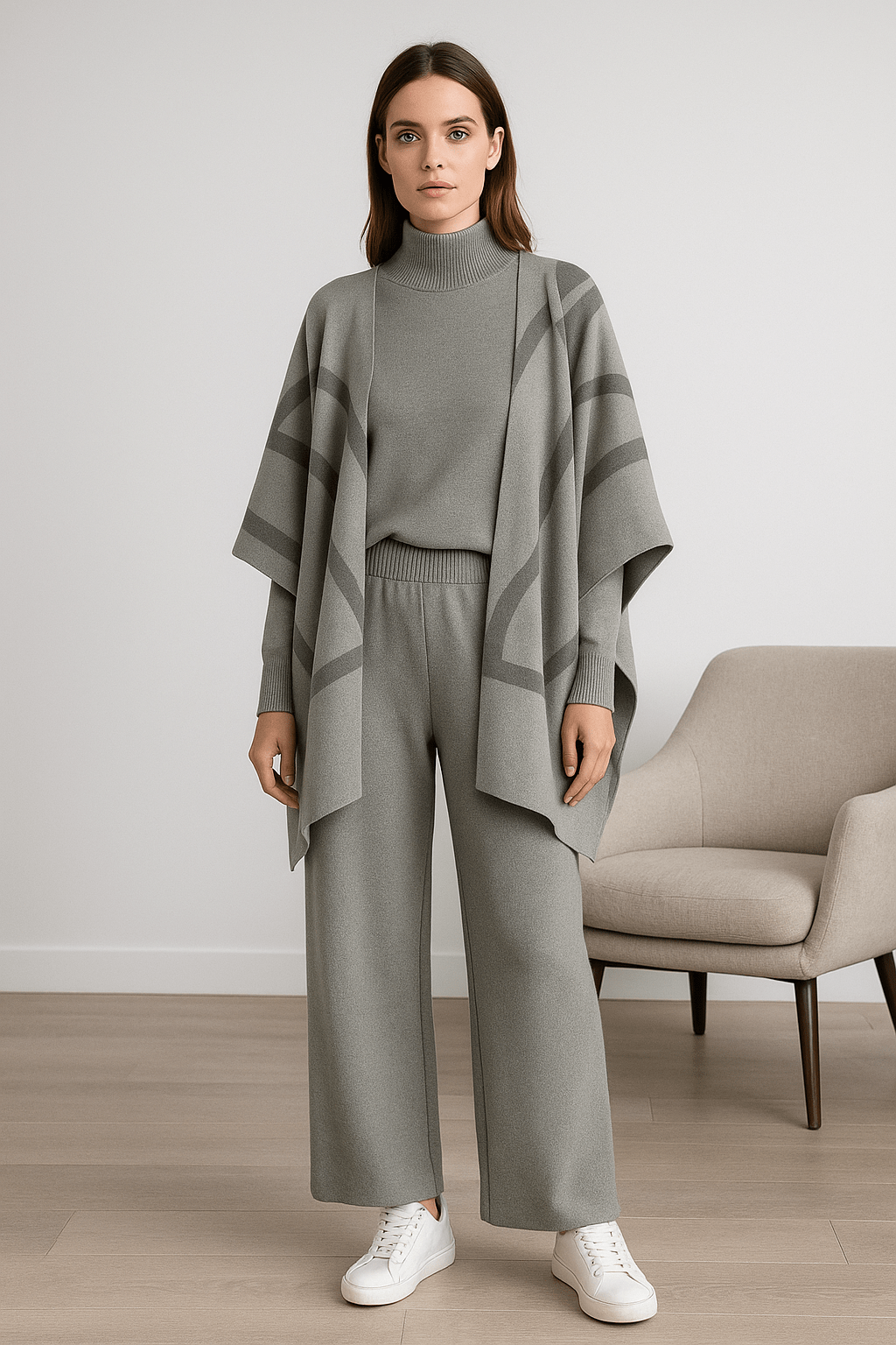 Ensemble 3 pièces femme poncho rayé pull col roulé pantalon large - sophistication complète - MAX FOR ME Gris clair / S MAX for ME