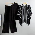 Ensemble 3 pièces femme poncho rayé pull col roulé pantalon large - sophistication complète - MAX FOR ME MAX for ME