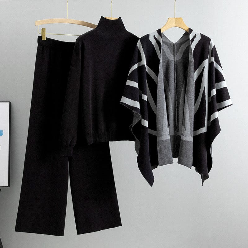 Ensemble 3 pièces femme poncho rayé pull col roulé pantalon large - sophistication complète - MAX FOR ME MAX for ME