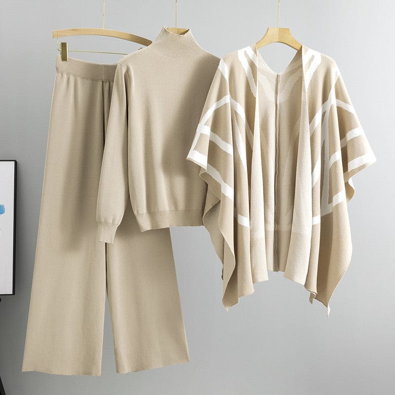 Ensemble 3 pièces femme poncho rayé pull col roulé pantalon large - sophistication complète - MAX FOR ME MAX for ME
