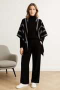 Ensemble 3 pièces femme poncho rayé pull col roulé pantalon large - sophistication complète - MAX FOR ME Noir / S MAX for ME