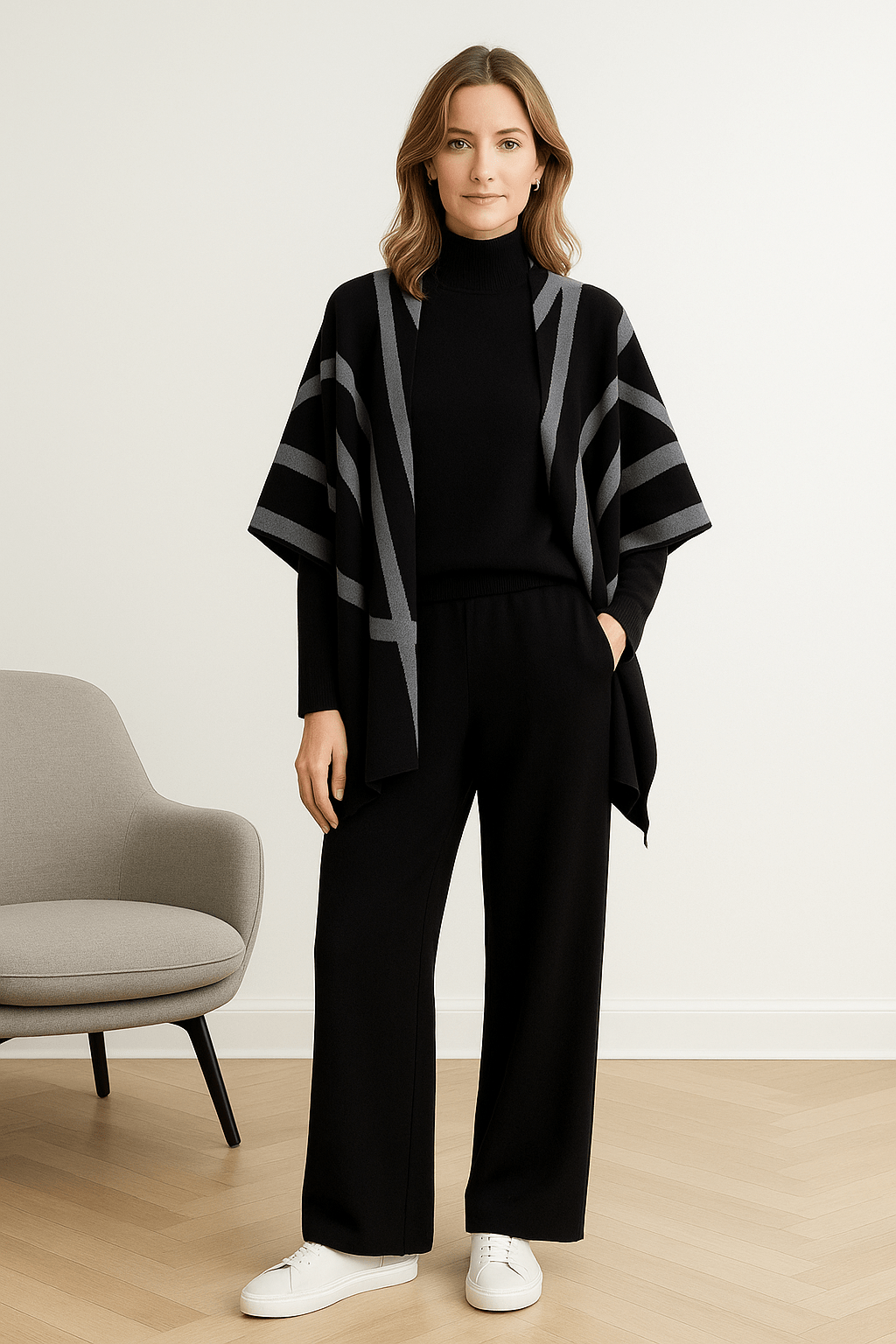 Ensemble 3 pièces femme poncho rayé pull col roulé pantalon large - sophistication complète - MAX FOR ME Noir / S MAX for ME