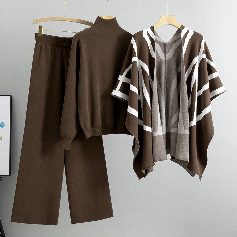 Ensemble 3 pièces femme marron poncho pull pantalon sophistiqué MAX FOR ME
