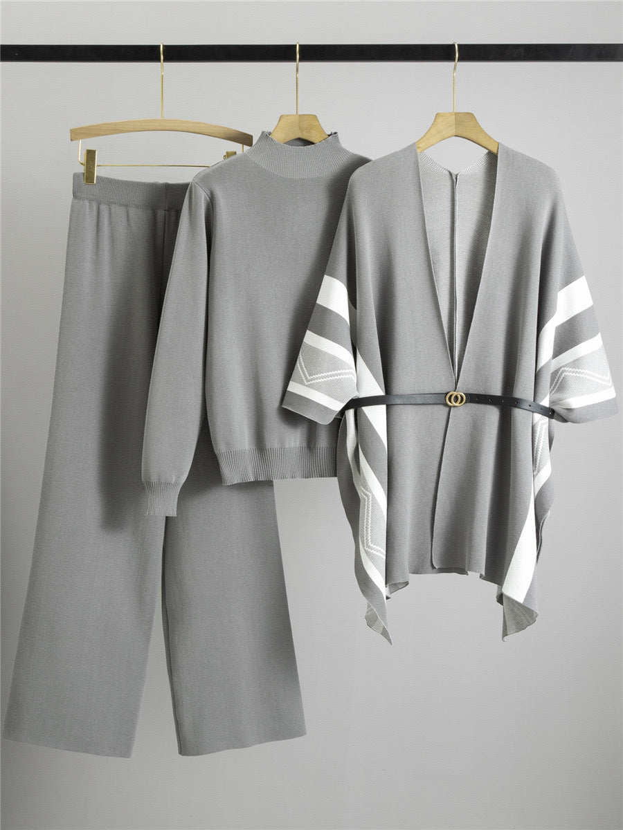 Ensemble femme 3 pièces - poncho maille, pull col roulé et pantalon large style sophistiqué