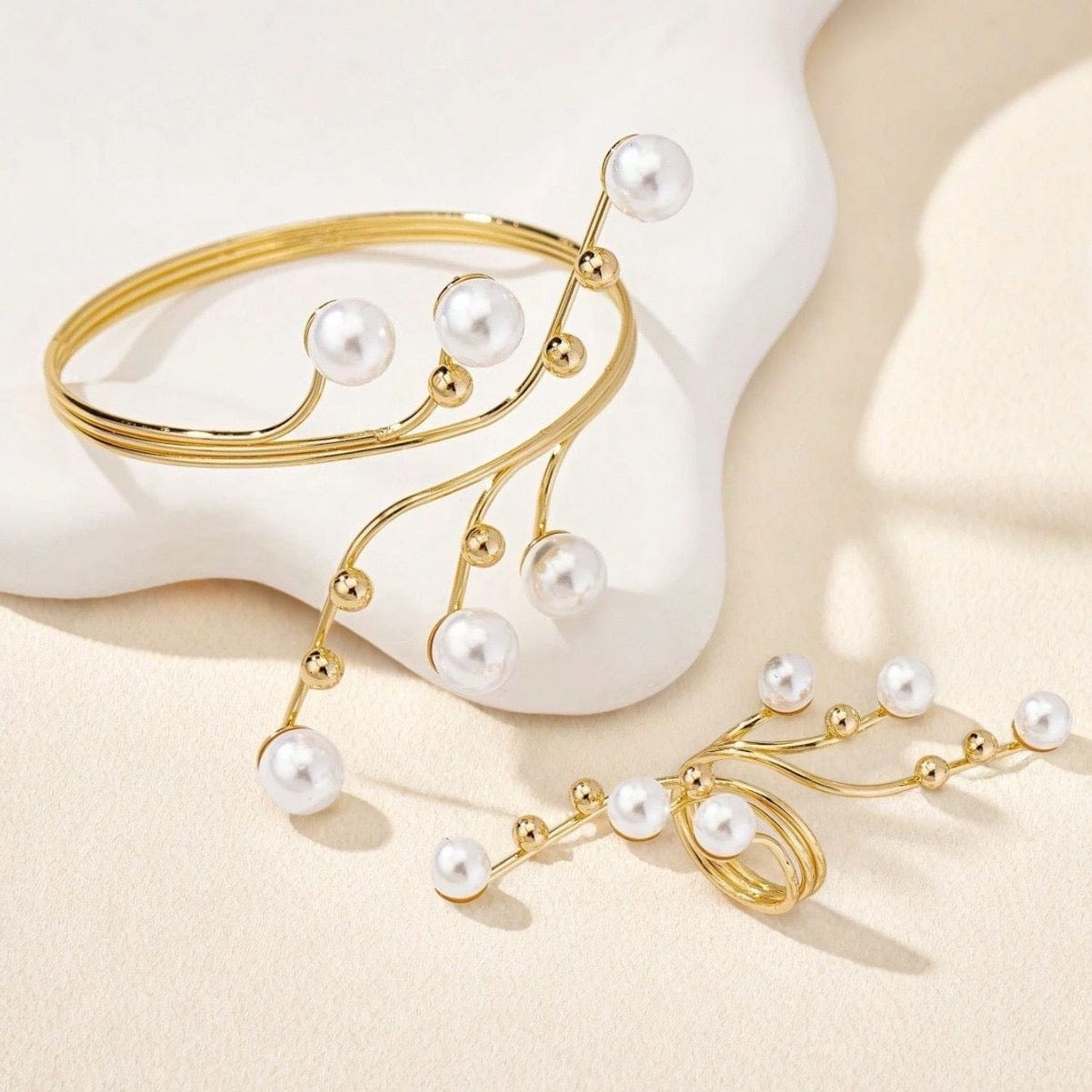 Ensemble bague bracelet géométrique femme perles entrelacées moderne Doré MAX for ME