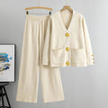 Ensemble cardigan boutons dorés pantalon large maille sophistiquée - élégance luxueuse moderne - MAX FOR ME Blanc Cassé / S MAX for ME