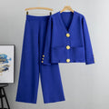 Ensemble cardigan boutons dorés pantalon large maille sophistiquée - élégance luxueuse moderne - MAX FOR ME Bleu royal / S MAX for ME