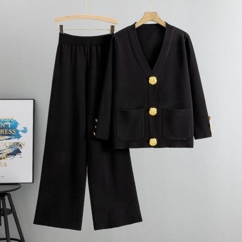 Ensemble cardigan boutons dorés pantalon large maille sophistiquée - élégance luxueuse moderne - MAX FOR ME Noir / S MAX for ME
