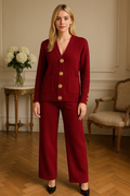 Ensemble cardigan boutons dorés rouge pantalon large sophistiqué MAX FOR ME