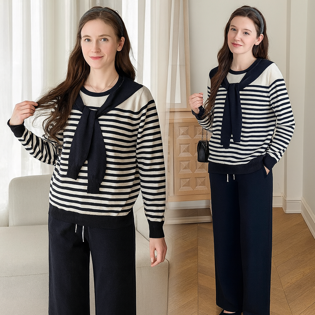 Ensemble col lavallière pull rayé pantalon large élégance intemporelle - sophistication française - MAX FOR ME