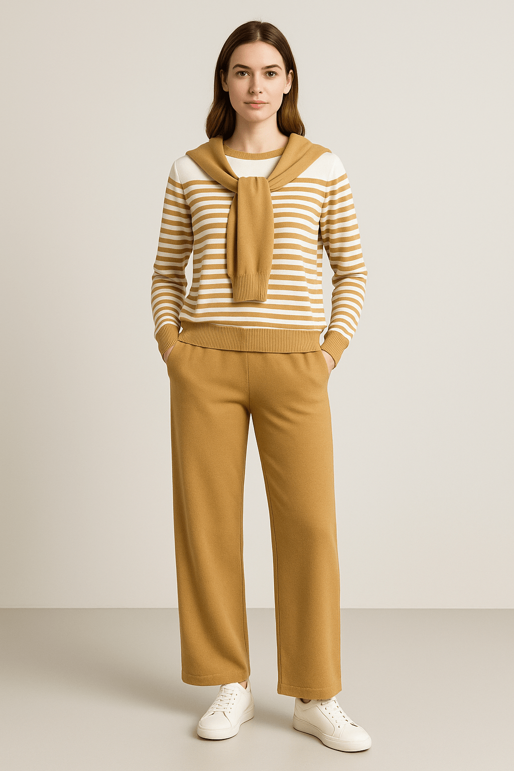 Ensemble col lavallière pull rayé pantalon large élégance intemporelle - sophistication française - MAX FOR ME Jaune citron / S MAX for ME
