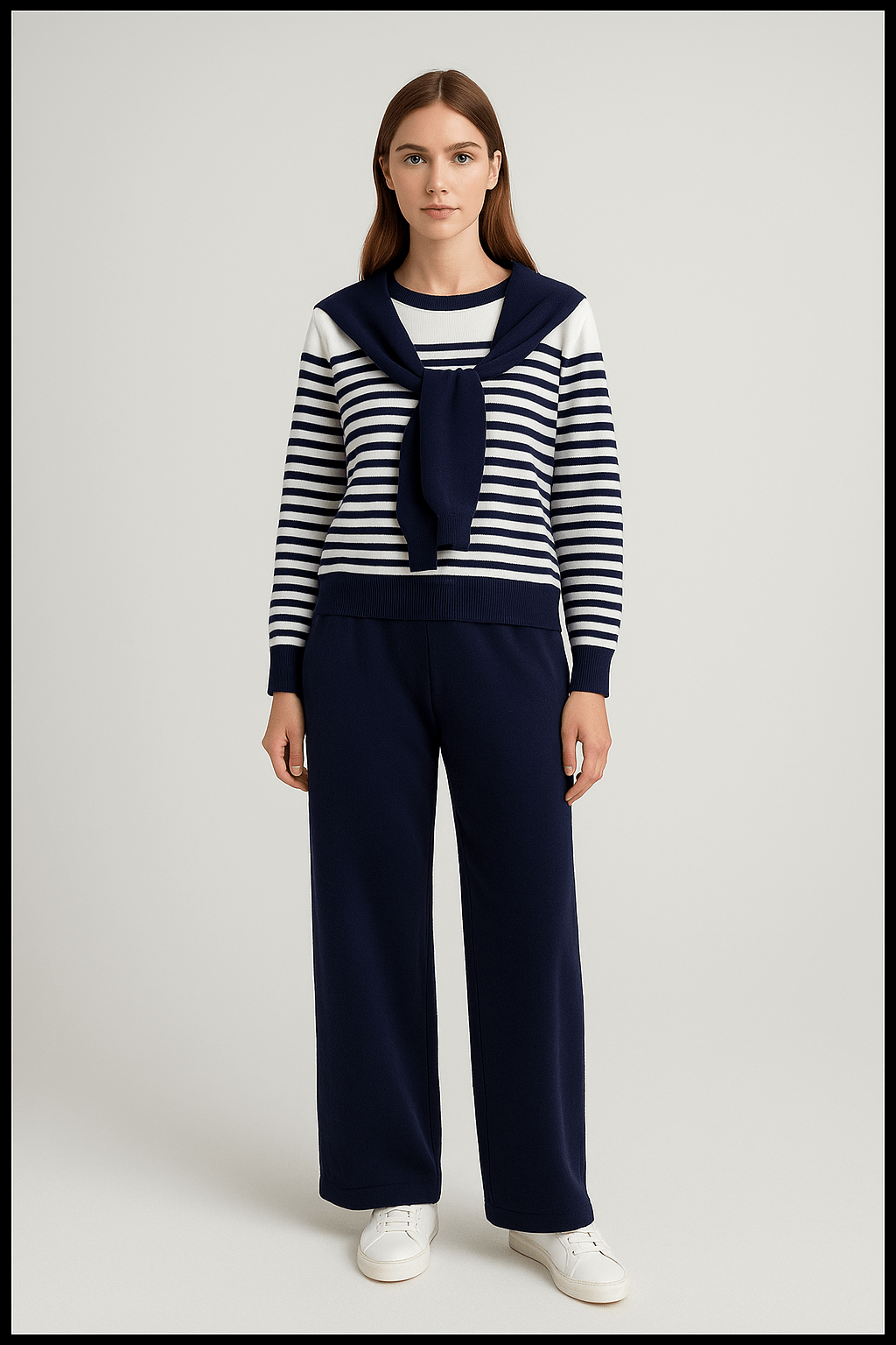Ensemble col lavallière pull rayé pantalon large élégance intemporelle - sophistication française - MAX FOR ME Marine / S MAX for ME