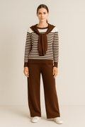 Ensemble col lavallière pull rayé pantalon large élégance intemporelle - sophistication française - MAX FOR ME Marron / S MAX for ME