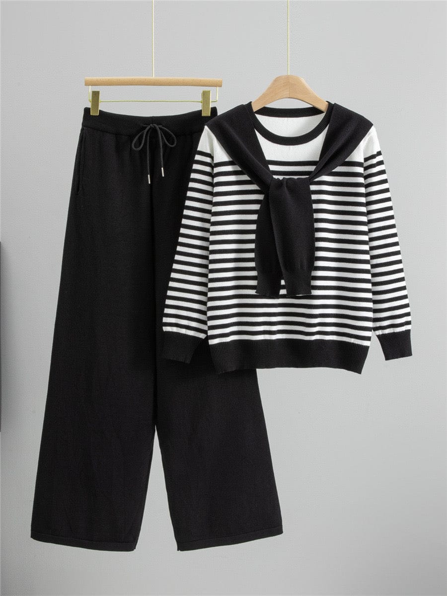 Ensemble col lavallière pull rayé pantalon large élégance intemporelle - sophistication française - MAX FOR ME MAX for ME
