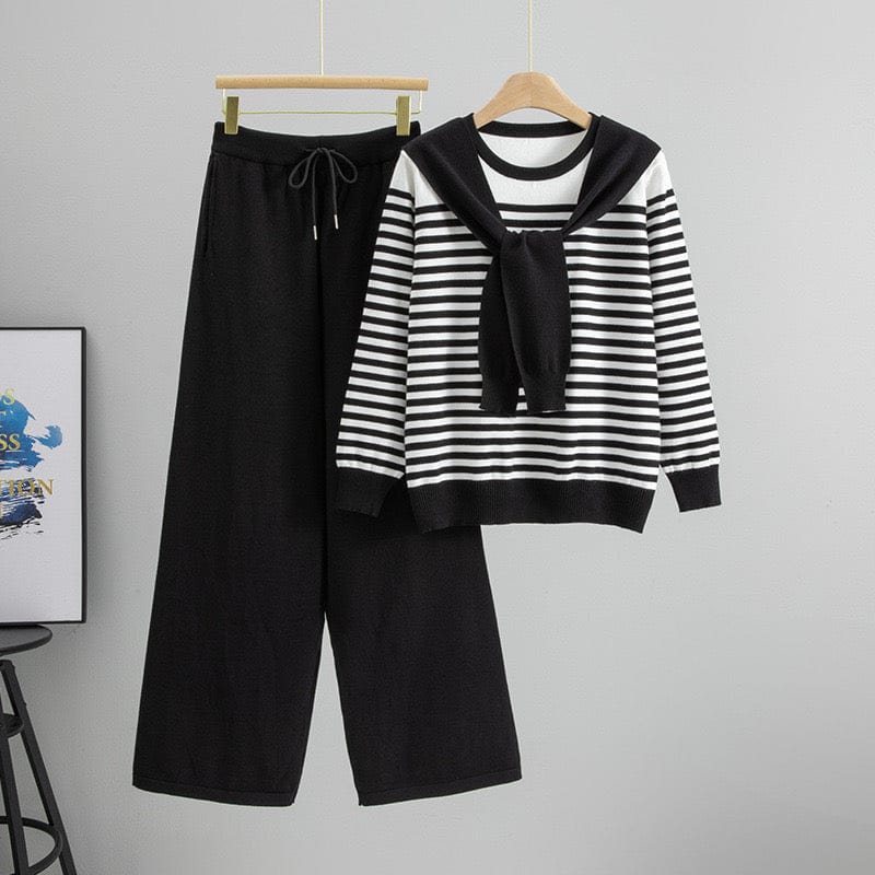 Ensemble col lavallière pull rayé pantalon large élégance intemporelle - sophistication française - MAX FOR ME Noir / S MAX for ME