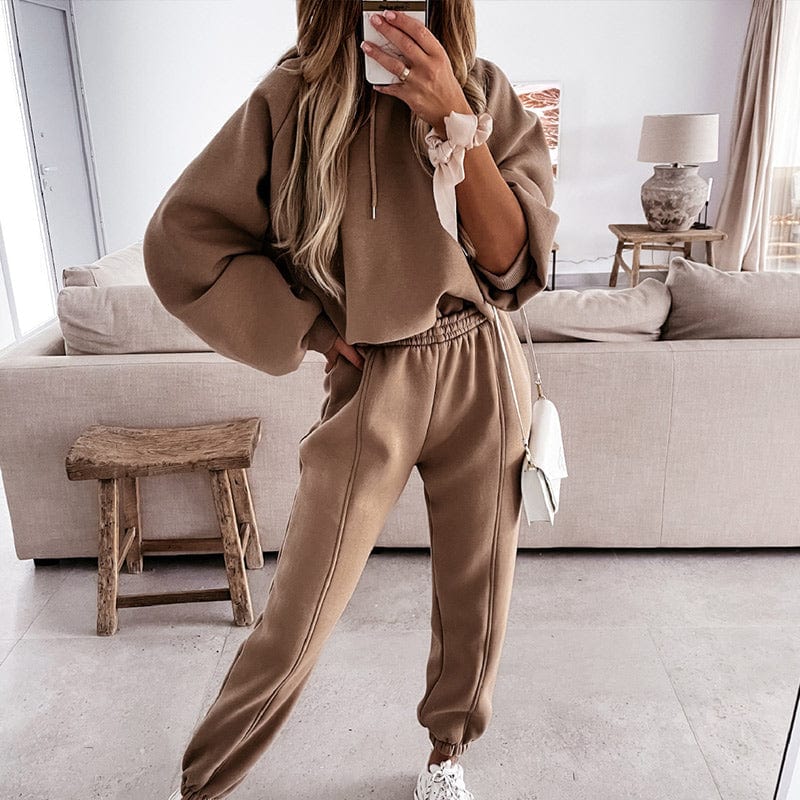 Ensemble de vêtements d'intérieur pour femme - Sweat à capuche surdimensionné et pantalon de jogging taille haute - Coupe douce et confortable Kaki / M MAX FOR ME