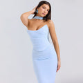 Ensemble Deux Pièces Femme – Haut Bustier et Jupe Maxi Satinée Bleu / XS MAX FOR ME