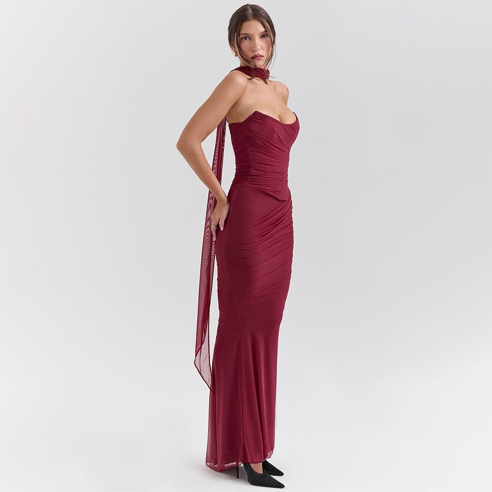 Ensemble Deux Pièces Femme – Haut Bustier et Jupe Maxi Satinée Rouge Bordeaux / XS MAX FOR ME