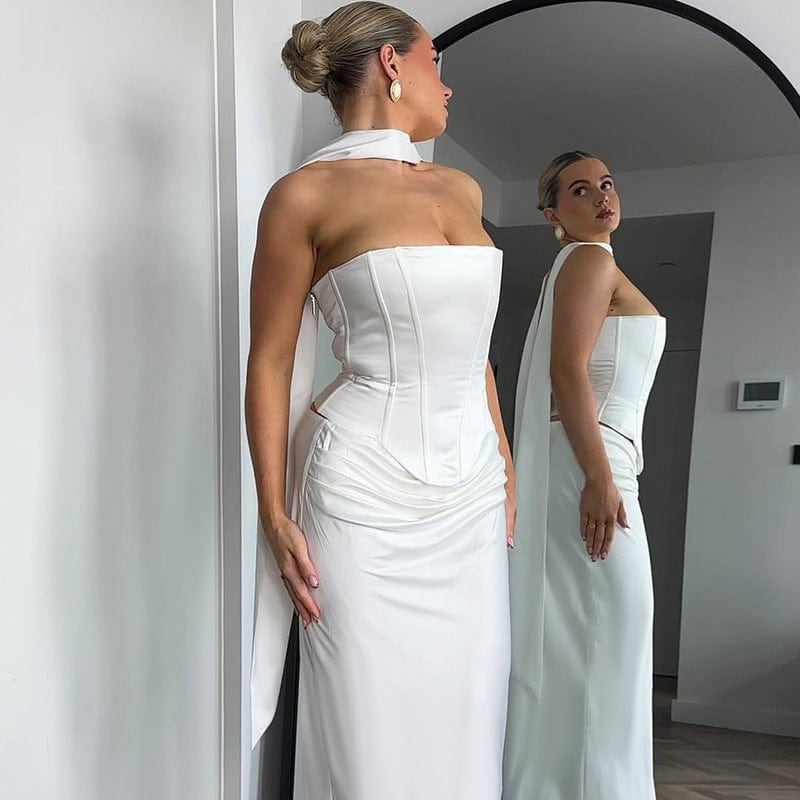 Ensemble Deux Pièces Femme – Haut Court et Jupe Maxi Slim Blanc / XL MAX FOR ME