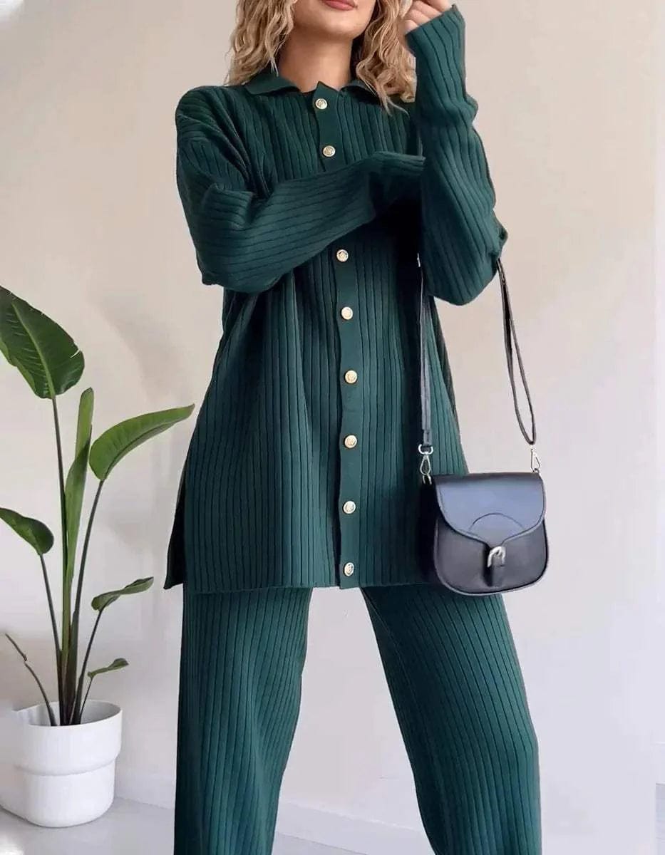 Ensemble deux pièces tricot côtelé - cardigan boutonné et pantalon large - MAX FOR ME MAX FOR ME