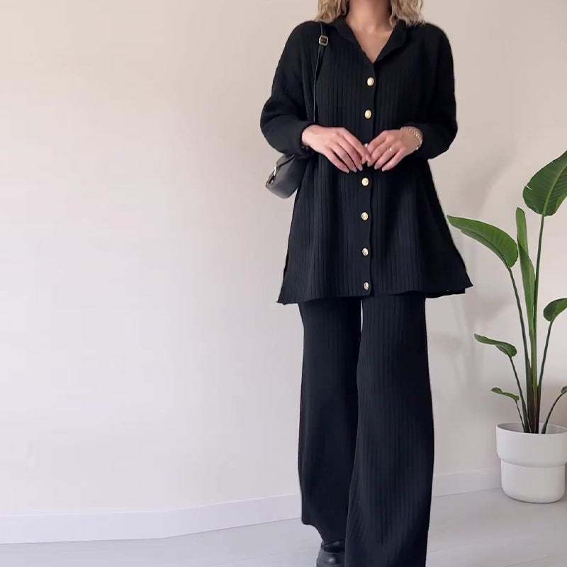 Ensemble deux pièces tricot côtelé - cardigan boutonné et pantalon large - MAX FOR ME Noir / S MAX FOR ME
