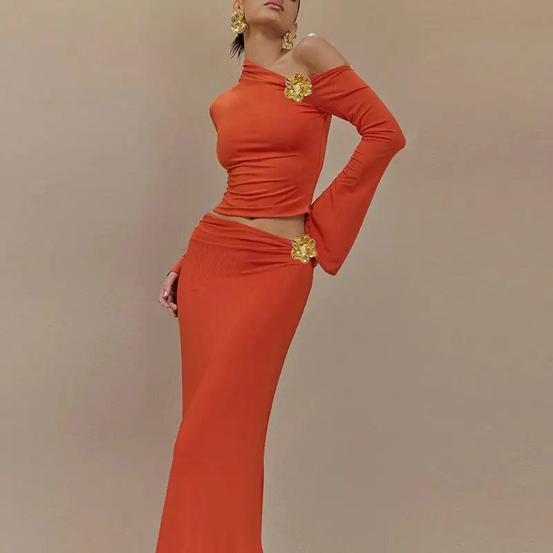 Ensemble élégant jupe longue taille haute & top manches évasées – style asymétrique chic. MAX FOR ME